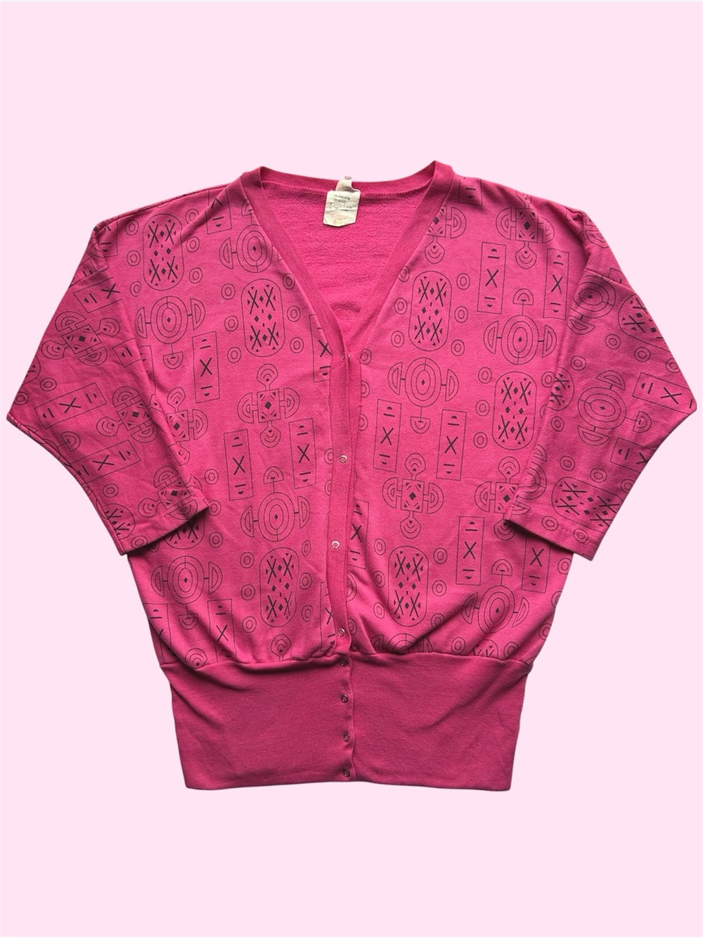 Vintage 90s Hallmark Batwing Abstract Geometric V Neck Cardigan Hot Pink Medium